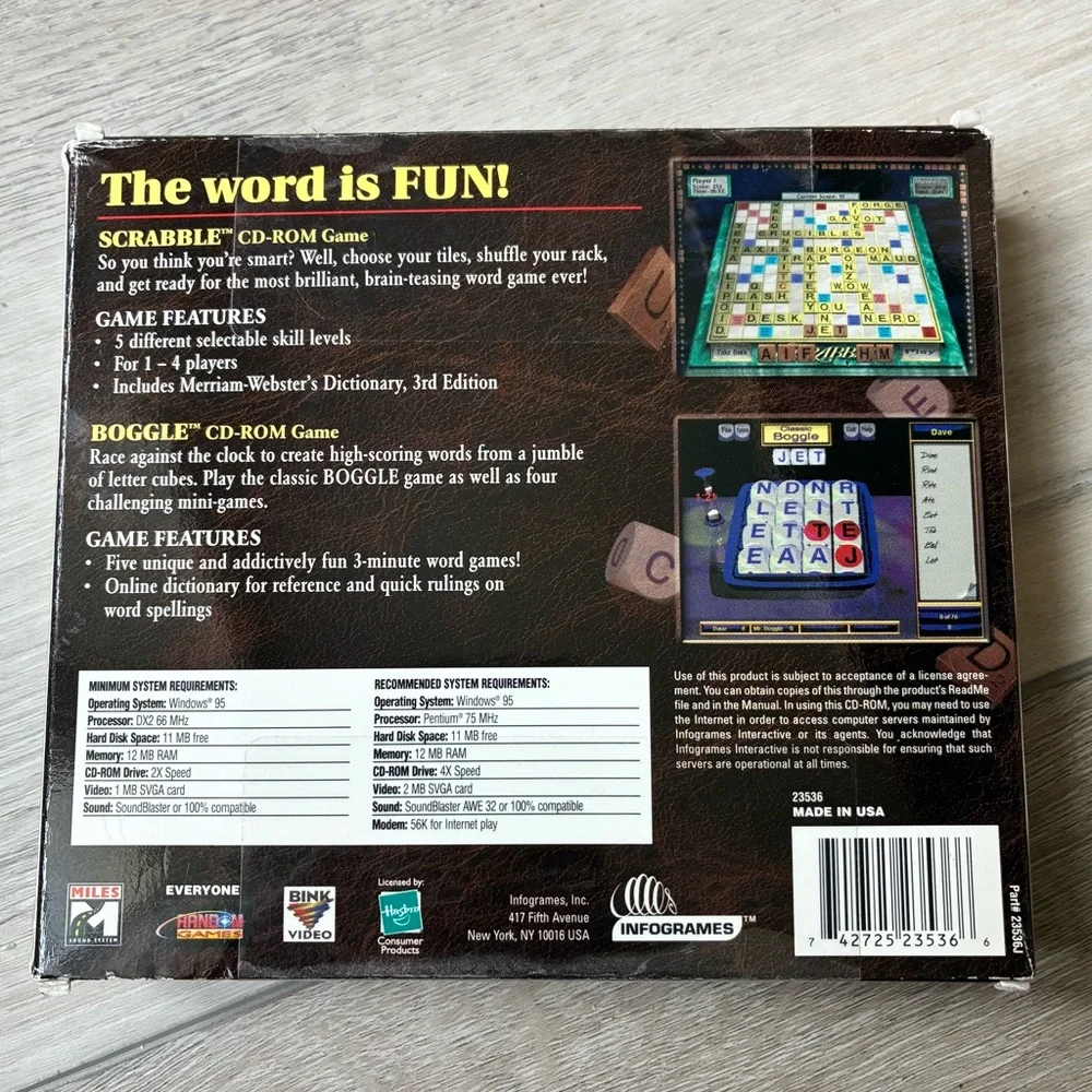 Infogrames Scrabble & Boggle Platinum 2-Pack Classic Word Game CD Rom Windows 95